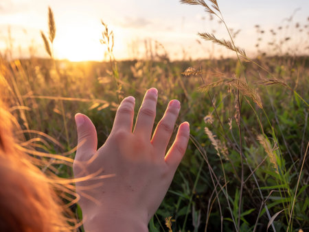 Girl walking on meadow at sunsetの素材