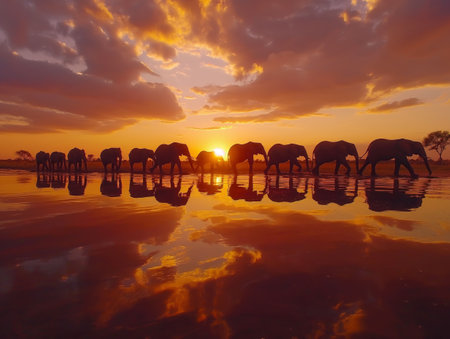 Elephants walk along the shore one after anotherの素材