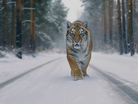 A big tiger runs on a winter roadの素材