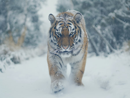 A big tiger runs on a winter roadの素材