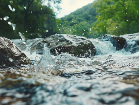 Flow of river water flowing between cobblestonesの素材