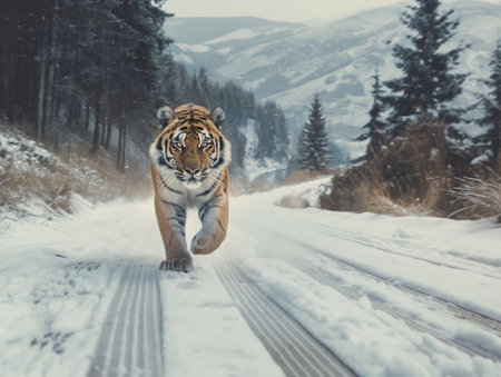 A big tiger runs on a winter roadの素材