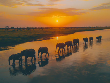 Elephants walk along the shore one after anotherの素材