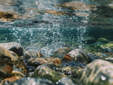 Flow of river water flowing between cobblestonesの素材