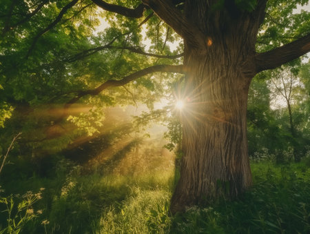 The suns rays pass through the foliage of the tree in the forestの素材