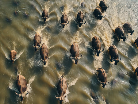 Aerial view of a herd of buffalo running along the river bankの素材