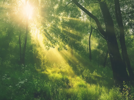 The suns rays pass through the foliage of the tree in the forestの素材