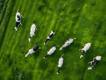 Cows grazing on a green meadowの素材