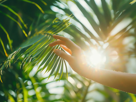 Female Hand on Background of Palm Leaves in and Sunの素材