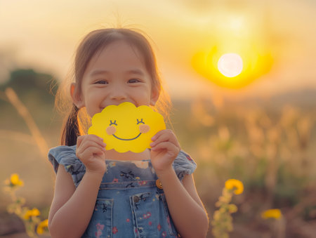 Girl holding yellow smiley face in hands in parkの素材
