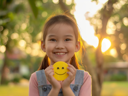Girl holding yellow smiley face in hands in parkの素材