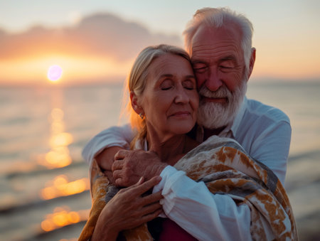 Happy senior married couple on the background of sunsetの素材