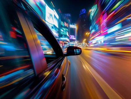 Bright light lines when driving a car in the cityの素材