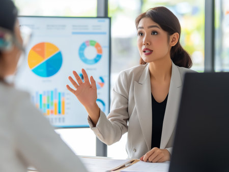 A businesswoman elucidates key metrics during a presentation, illuminating strategic insights for her team.の素材