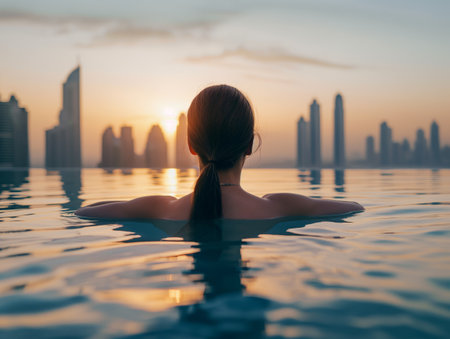 A woman gazes at a skyline from an infinity pool, blending relaxation with urban grandeurの素材
