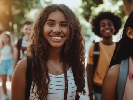 A diverse group of smiling teenagers walks together, symbolizing friendship and unityの素材