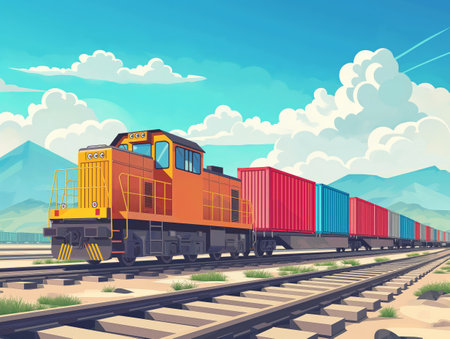 A vibrant freight train snakes through a lush landscape, embodying the pulse of global tradeの素材