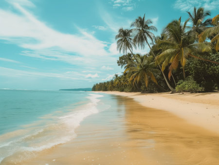 Serene tropical beach with golden sand, palm trees, and crystal-clear waters under a bright blue sky. Perfect for relaxation and travel themesの素材