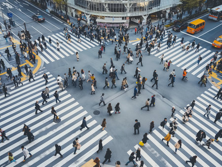 Overhead view of a bustling urban intersection filled with pedestrians crossing in various directions. Captures the rhythm of city lifeの素材