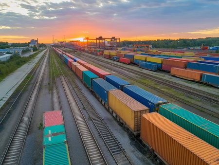 A vibrant freight train snakes through a lush landscape, embodying the pulse of global tradeの素材