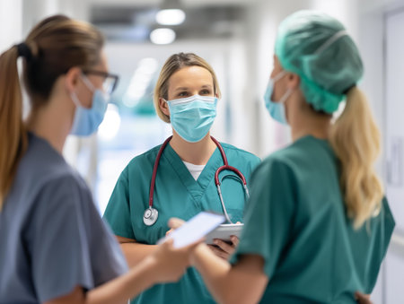 Medical staff in discussion in a hospital corridorの素材