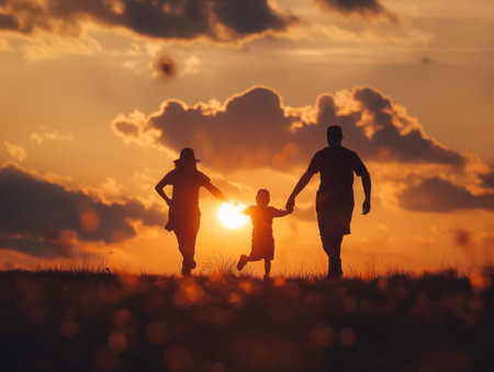 A family joyfully running together in a field during sunsetの素材