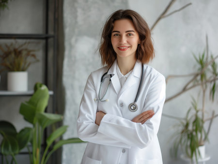 A confident female doctor smiling in her office, radiating professionalismの素材