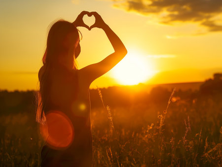 A girl making a heart shape with her hands against a beautiful sunset backdropの素材