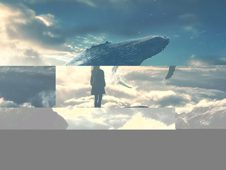 A woman stands on a cliff, witnessing a surreal, giant whale floating in the sky above the oceanの素材