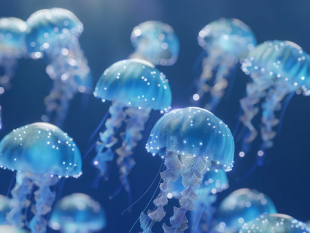 A serene underwater scene of mesmerizing jellyfish, glowing with an ethereal beauty in the deep blue seaの素材