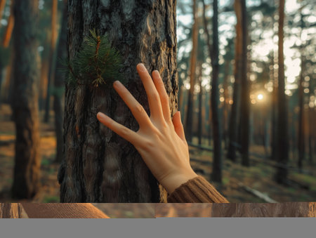 A hand reaches towards the sunlight through pine branchesの素材
