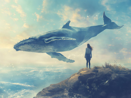 A woman stands on a cliff, witnessing a surreal, giant whale floating in the sky above the oceanの素材