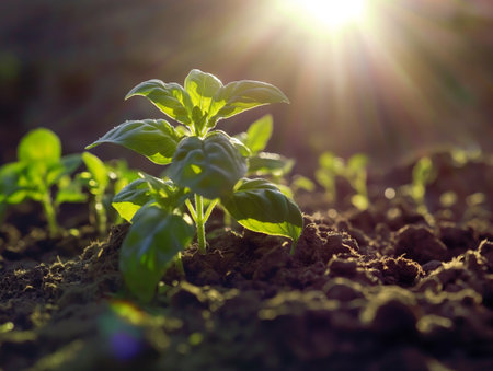 Green basil plants growing in timelapse, illuminated by a gentle lens flareの素材