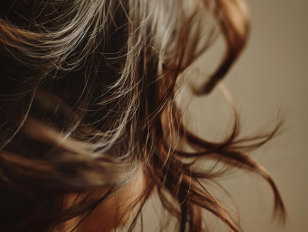 Super slow-motion shot capturing the elegant flow of wavy brown hair, highlighting texture and movementの素材