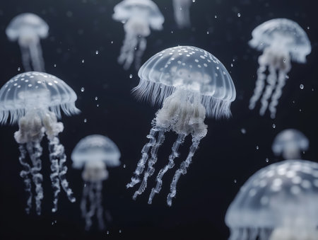 A serene underwater scene of mesmerizing jellyfish, glowing with an ethereal beauty in the deep blue seaの素材