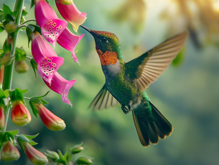 A fiery-throated hummingbird gracefully pollinates purple flowers, a dance of natures pollination processの素材
