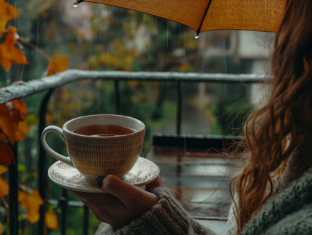 A woman savors a warm cup of tea, enjoying the tranquility of a rainy day through a windowの素材
