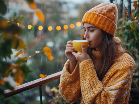 A woman savors a warm cup of tea, enjoying the tranquility of a rainy day through a windowの素材