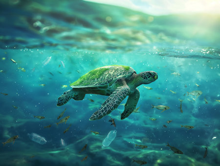 A sea turtle navigates through water cluttered with plastic waste, highlighting environmental concernsの素材