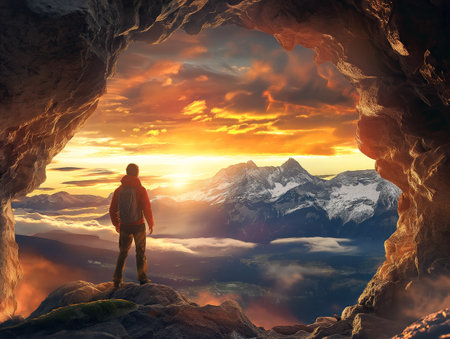 A hiker stands at a cave entrance, gazing at a majestic mountain landscape at sunsetの素材