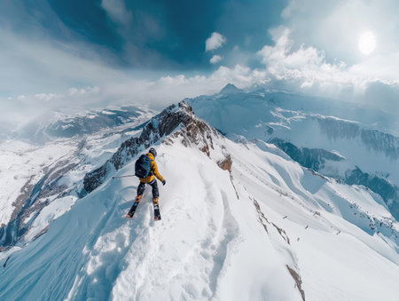 Skier on a snowy mountain peak, with a drone followingの素材