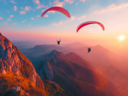 Two paragliders fly over mountain peaks during a stunning sunset, capturing the essence of adventure and freedom in the airの素材