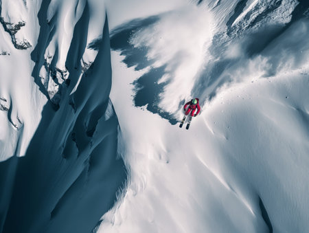 Snowboarder performs a daring jump on a snowy mountainの素材