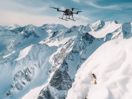 Drone follows a skier on a snowy alpine descentの素材