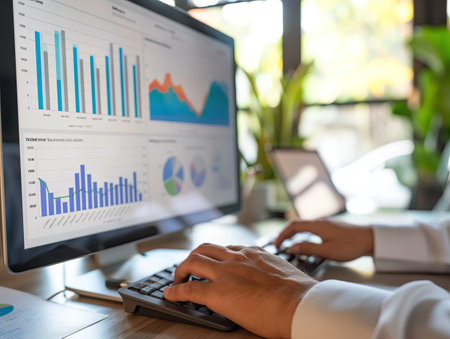 A close-up view of a professional analyzing financial data on a laptop, showcasing graphs and charts for business insights.の素材