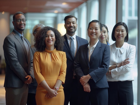 Group portrait of a diverse team of professionals smiling confidently, representing unity and teamwork in a modern corporate setting.の素材