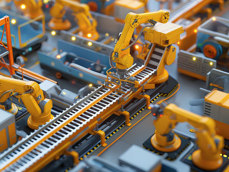 Robotic arms operating on a car assembly line, representing the pinnacle of modern manufacturing.の素材