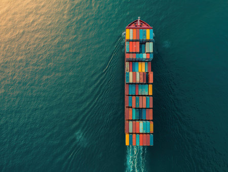Aerial view of a busy cargo port with container ships and cranes, highlighting global trade and logistics.の素材