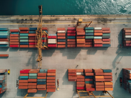 Aerial view of a busy cargo port with container ships and cranes, highlighting global trade and logistics.の素材