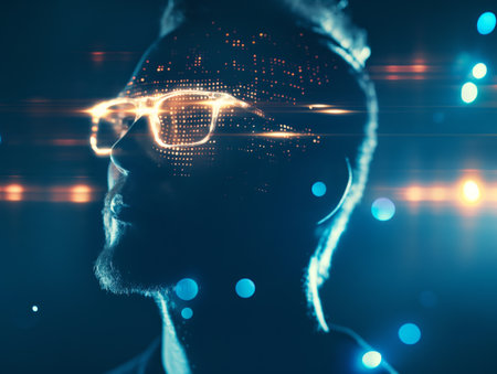 A mans profile with illuminated digital glasses overlay, symbolizing advanced technology and futuristic concepts.の素材